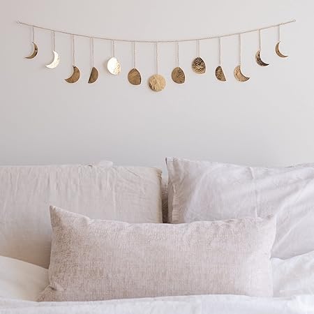 BASE ROOTS Moon Phase Wall Decor, Gold Wall Decor for Bedroom & Living Room, Boho Decor for Home, Handmade Hammered Metal 36" 13 Phases Moon Wall Decor, Bohemian & Celestial Wall Art for Women & Kids