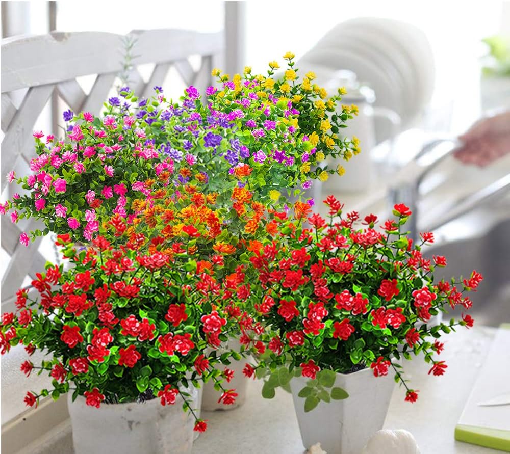 Grunyia 10 Bundles Artificial Fake Flowers, Faux Outdoor Plastic Plants UV Resistant Shrubs Outside Indoor Decorations (Red-Eucalyptus)