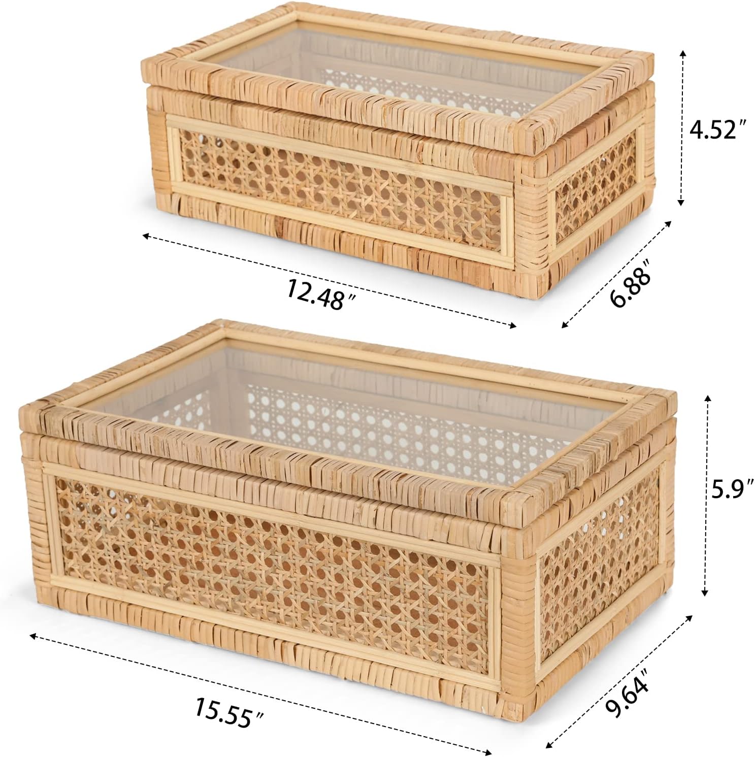 Handwoven Boho Rattan Display Boxes with Glass Lids - Set of 2 Rectangular Decorative Storage Bins - Natural Woven Cane Home Decor Organizers