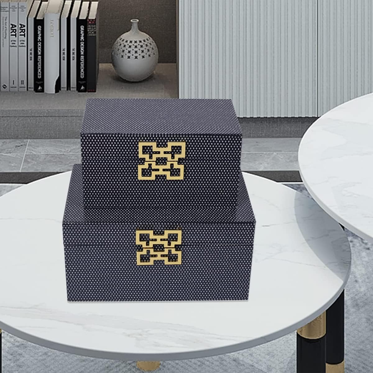 ZIKOUL Navy Blue Decorative Box Set of 2,Decorative Storage boxes With Lids For Home Decor,Modern Faux Sparkle Glitter Leather Treasure Box Dresser Top Organizer Large Jewelry Box