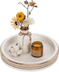 Hanobe Decorative Serving Tray Wood: White Washed Bead Round Tray Decor for Coffee Table Rustic Wooden Trays Farmhouse Centerpiece for Living Room Kitchen Counter