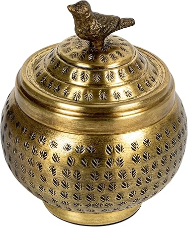 Creative Co-Op, Brass Round Hammered Metal Container with Bird Finial, Finish
