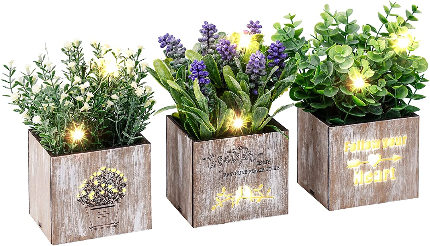 Kinkota Artificial Plants & Flowers with Nightlight, Potted Fake Plants for Home Decor Indoor, Greenery Tabletop Centerpieces for Office Room Decoration, Realistic and Cute Desk Decor for Gift, 3 Pack