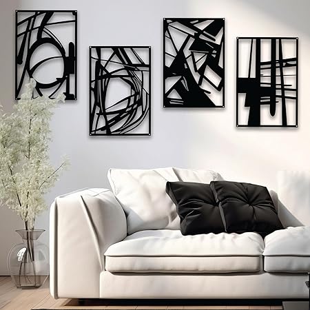 OUR NEST Pack of 4 Black Abstract Metal Wall Art - Matte Finish Aesthetic Minimalistic Metal Art Wall Decor - 3D Abstract Wall Art for Living Room, Home Decor, Bedroom Bathroom Study (16" x 11'')