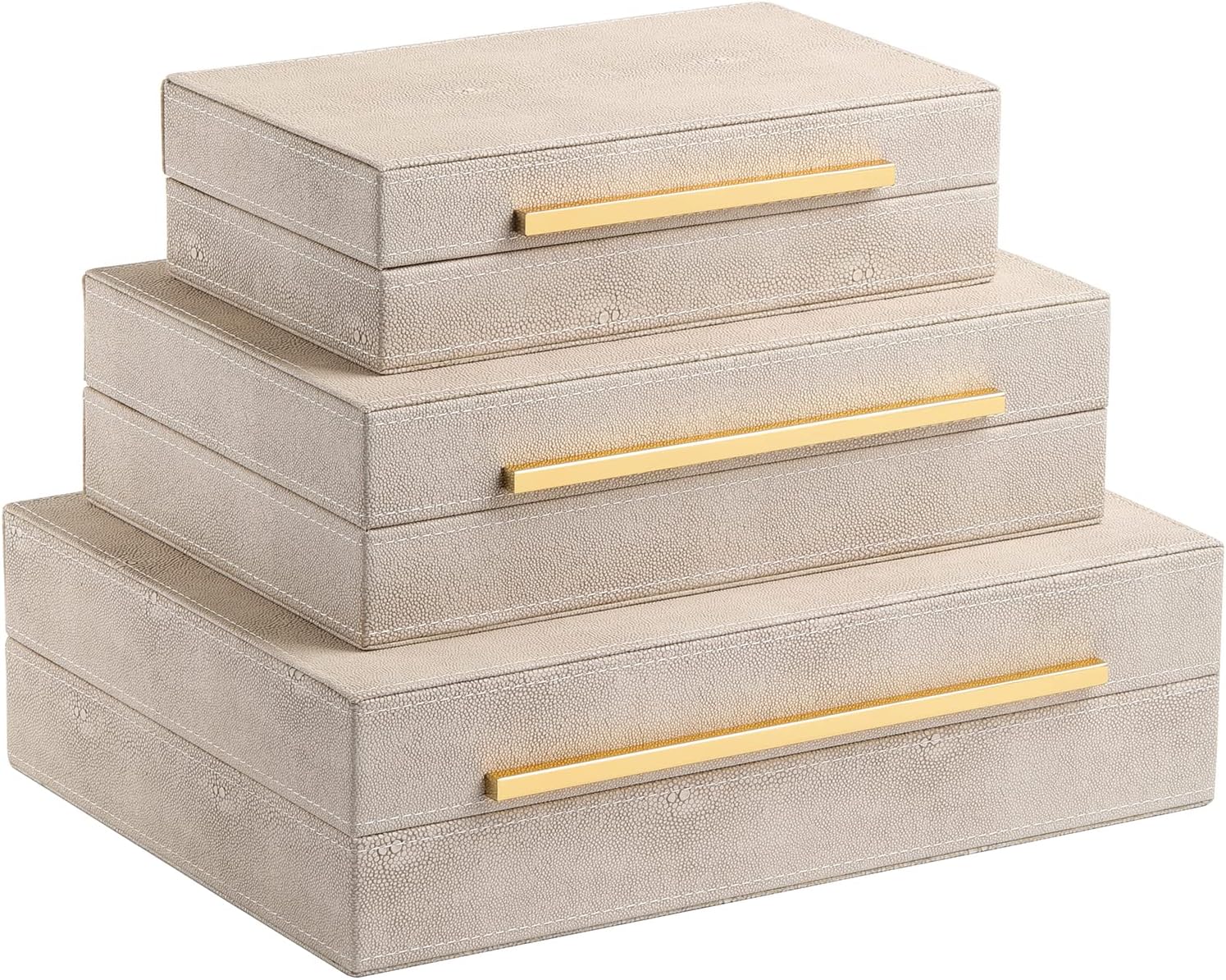 XIGEXIGE Ivory Shagreen Box Leather set of 3 Large Modern Decorative Nesting Jewelry Boxes, Stackable Decorative Storage Boxes With Lids For Home Decor Jewelry Box For Womens Mens Jewelry Organizer