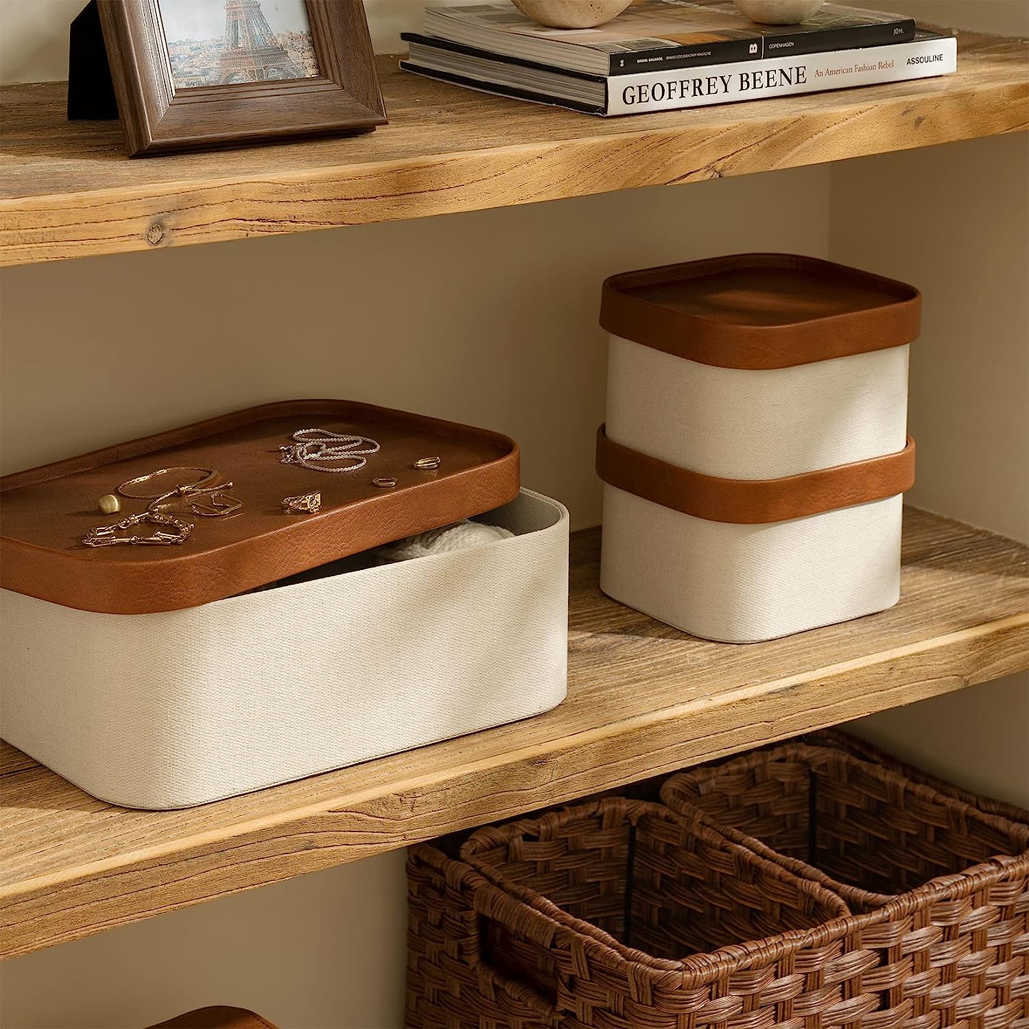 Beige Decorative Storage Boxes With Lids, Storage Baskets with Leather-Like Lids, Sturdy Stackable Paper Boxes Decorative Tray, Modern Basket Organizer Bins for Jewelry Shelve Bathroom Bedroom Organizing, Set of 3