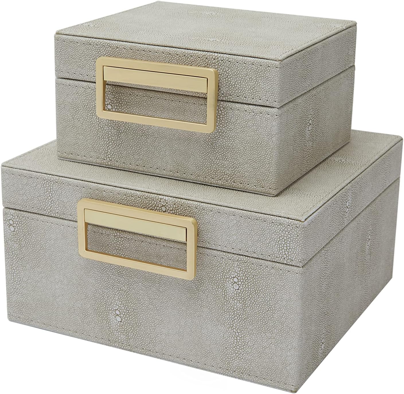 Faux Ivory Shagreen Leather Set of 2 Square Keepsake Boxes, Decorative Storage boxes, Dresser Organizer , Cosmetic Box (Ivory)