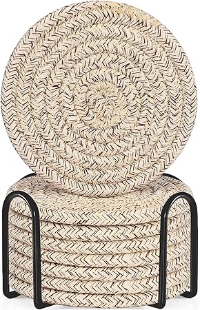 ABenkle 8 Pcs Drink Coasters with Holder, Cotton Woven Absorbent Coasters for Drinks, Minimalist Home Decor Coaster Set for Wooden Tabletop Protection Table, 4.3 inches Mixed Brown