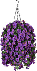 Hanging Artificial Flowers Basket, Fake Hanging Plant, Silk Orchid Flowers, Faux Flower Arrangement for Outdoor Garden Yard Pouch Patio Indoor Home Decoration (Purple)