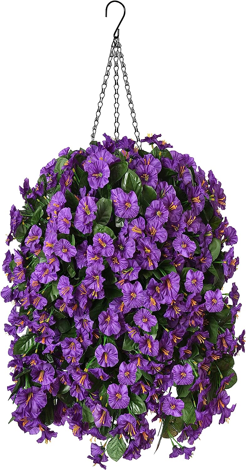 Hanging Artificial Flowers Basket, Fake Hanging Plant, Silk Orchid Flowers, Faux Flower Arrangement for Outdoor Garden Yard Pouch Patio Indoor Home Decoration (Purple)