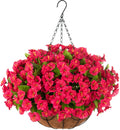 Artificial Hanging Flowers in Basket, Artificial Petunias Flower Arrangement,12 inch Coconut Lining Basket with Morning Glories Fake Plants for Patio Garden Porch Deck Decoration(Red)