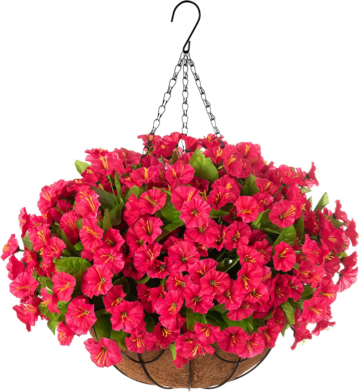 Artificial Hanging Flowers in Basket, Artificial Petunias Flower Arrangement,12 inch Coconut Lining Basket with Morning Glories Fake Plants for Patio Garden Porch Deck Decoration(Red)