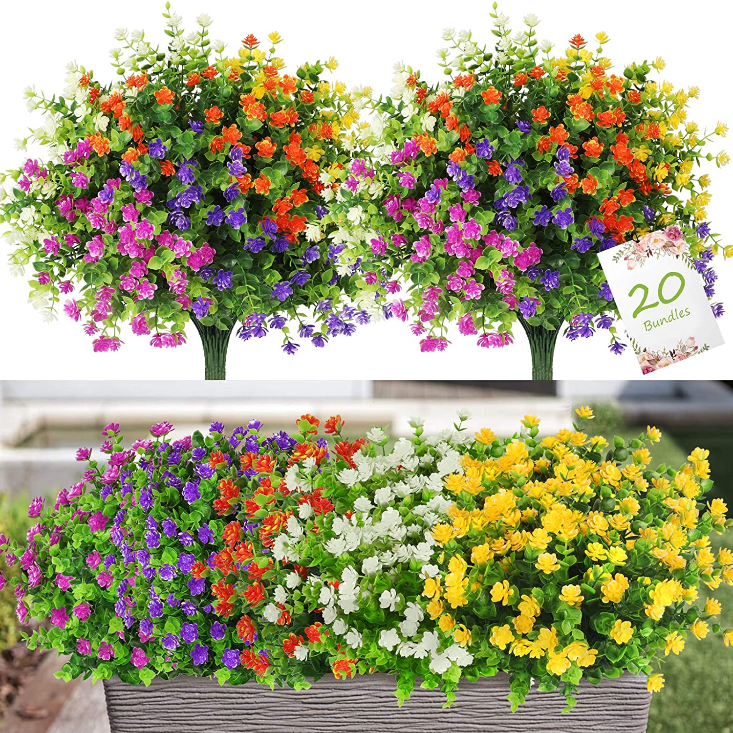 20 Bundles Artificial Flowers Outdoor Fake Flowers for Home Decoration, UV Resistant Faux Plastic Greenery Shrubs Plants for Hanging Garden Porch Window Box Décor in Bulk Wholesale, 5 Colors