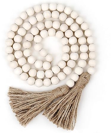 58in Wood Bead Garland with Tassels,Farmhouse Beads Rustic Country Decor Prayer Boho Beads Wall Hanging Decoration (Nature)